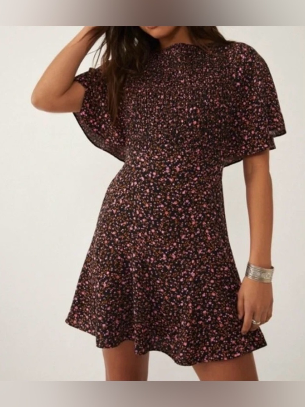 Free People Black With Pink Floral Print Short Sleeve Mini Dress - Size S